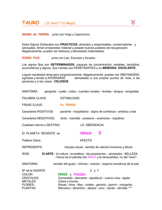 TAURO ( 21 Abril * 21 Mayo) 
SIGNO de TIERRA junto con Virgo y Capricornio.
Estos Signos Zodiacales son PRACTICOS, atrevi...
