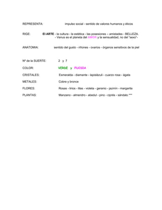 REPRESENTA: impulso social - sentido de valores humanos y éticos
RIGE: El ARTE - la cultura - la estética - las posesiones...