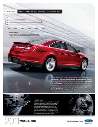 ECOBOOST: SHRED THE PERFORMANCE ENVELOPE


                   400
Torque (lb.-ft.)




                   350

                   300

                   250

                   200
                     1,000         2,000        3,000         4,000      5,000       6,000
                                                        RPM

                         FAST FORWARD
                         No need to wait for rpm to build with the EcoBoost V6.
                         Just enjoy the broad, linear torque band all the way from
                         1,500 to 5,000 rpm.




                                                                                                        At the heart of SHO’s performance is the highly advanced 3.5L
                                                                                                        EcoBoostTM V6 twin-turbocharged, direct-injection engine.
                                                                                                        From a modest 3.5 liters, it delivers a stunning 365 hp and 350
                                                                                                        lb.-ft. of torque.1 The secret is the masterful partnership of twin
                                                                                                        turbochargers and direct fuel injection – the first such production
                                                                                                        engine in North America. It gives you the thrust of a V8, with the
                                                                                                        thirst of a V6.2 Stunningly rewarding.
                                                                                                        1
                                                                                                            Figures achieved using premium unleaded gasoline. 2 EPA-estimated 17 mpg city/25 hwy.




                                                                      PERFECT SHOT
                                                                      The direct injectors spray fuel with the carefully
                                                                      measured obsession of a chemist. Fuel is
                                                                      delivered through precision-machined
                                                                      microscopic openings at the injector tip,
                                                                      atomized by intense pressure to create fine
                                                                      droplets that average 15 microns in size. The
                                                                      high-pressure mist has a cooling effect that
                                                                      allows denser air into the combustion chamber
                                                                      for maximum power with every stroke.




                                            TAURUS+SHO                                                                                      fordvehicles.com
 