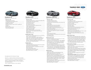 TAURUS+SHO




 TAURUS SE                                                           TAURUS SEL                                                            TAURUS LIMITED                                                         TAURUS SHO
 Equipped with all standard features, plus:                          Equipped with all standard SE features, plus:                         Equipped with all standard SEL features, plus:                         Equipped with all standard Limited features, plus:
      Rapid Spec 100A:                                                 Rapid Spec 200A:                                                      Rapid Spec 300A:                                                       Rapid Spec 400A:
      6-speed automatic transmission                                   6-speed SelectShift AutomaticTM transmission with paddle shifters     19" chrome-clad aluminum wheels                                        3.5L EcoBoostTM V6 engine
      17" painted sparkle silver aluminum wheels                       18" painted sparkle silver aluminum wheels                            P255/45R19 V-rated all-season tires                                    19" premium painted Luster-nickel aluminum wheels
      P235/60R17 all-season tires                                      P235/55R18 all-season tires                                           10-way power driver and front-passenger seats with driver-side         P255/45R19 V-rated all-season tires
      Day/night rearview mirror                                        Anti-theft perimeter alarm                                            memory feature                                                         All-Wheel Drive (AWD)
      AM/FM stereo/single-CD player with MP3 capability and            Auto-dimming rearview mirror                                          Ambient Lighting                                                       Dual exhaust with chrome tips
      6 speakers                                                       Dual-zone Electronic Automatic Temperature Control                    Auto-dimming rearview mirror with microphone                           Painted brake calipers
      Message center                                                   Leather-wrapped shift knob                                            Leather-trimmed seats with perforated inserts                          Sport-tuned suspension
      Black, power sideview mirrors                                    Leather-wrapped steering wheel                                        Leather-wrapped steering wheel with wood accent                        Leather-trimmed seats with perforated Miko Suede inserts
      Twin chrome-tipped exhaust                                       Message center with compass                                           Power windows with global open and one-touch-up/-down                  Aluminum brake and accelerator pedal covers
                                                                       Outside temperature display                                           for driver and front passenger                                         “SHO” branded front floor mats
                                                                       SIRIUS® Satellite Radio with 6-month subscription                     Premium Sound System with AM/FM stereo/6-disc in-dash                  Intelligent Access with Push-Button Start
                                                                       Body-color, power, heated sideview mirrors and security               CD changer, MP3 capability and 6 speakers, plus additional             Body-color, power, heated sideview mirrors with memory, security
                                                                       approach lamps                                                        center speaker                                                         approach lamps and auto-dimming driver side
                                                                       Supplemental Park Lamps                                               SYNC                                                                   High-Intensity Discharge (HID) headlamps with autolamp
                                                                                                                                             Universal Garage Door Opener                                           Rear spoiler
                                                                     Available Option Groups                                                 Chrome-accented, power, heated sideview mirrors with memory and
                                                                       Ford SYNC® voice-activated communications and entertainment           security approach lamps                                              Available Option Groups
                                                                       system + Reverse Sensing System                                       Reverse Sensing System                                                 Power moonroof + Sony Sound System with 12 speakers and
                                                                       SYNC + Reverse Sensing System + Ambient Lighting +                                                                                           390 watts + heated and cooled driver and front-passenger seats
                                                                       Intelligent Access with Push-Button Start + power-adjustable        Available Option Groups                                                  Power moonroof + Sony Sound System with 12 speakers and
                                                                       pedals + Sony® Sound System with AM/FM stereo/6-disc                  Heated and cooled driver and front-passenger seats + heated            390 watts + heated and cooled driver and front-passenger seats
                                                                       in-dash CD changer, MP3 capability, 12 speakers and                   rear seats + rear-window power sunshade                                + heated rear seats + rear-window power sunshade + power-
                                                                       390 watts + 19" premium painted sparkle silver aluminum wheels        Intelligent Access with Push-Button Start + power-adjustable           adjustable pedals with memory + Auto High Beam headlamps
                                                                       with P225/45R19 V-rated all-season tires                              pedals with memory + Sony Sound System + auto-dimming                  + BLIS (Blind Spot Information System) with Cross Traffic Alert
                                                                                                                                             driver-side sideview mirror + Auto High Beam headlamps                 + rain-sensing windshield wipers + Rear View Camera
                                                                     Available Options                                                       + BLIS® (Blind Spot Information System) with Cross Traffic
                                                                       All-Wheel Drive (AWD)                                                 Alert + rain-sensing windshield wipers                               Available Options & Packages
                                                                       Leather-trimmed seats with heated front seats and 6-way power         Heated and cooled driver and front-passenger seats + heated            20" premium painted-aluminum wheels with P245/45R20
                                                                       front-passenger seat with manual lumbar                               rear seats + rear-window power sunshade + Intelligent Access           V-rated all-season tires
                                                                       Multi-contour Active MotionTM massaging front seats (requires         with Push-Button Start + power-adjustable pedals with memory           Adaptive Cruise Control and Collision Warning with Brake
                                                                       leather-trimmed seats)                                                + Sony Sound System + auto-dimming driver-side sideview mirror         Support (requires power moonroof)1
                                                                       Power moonroof (requires SYNC)                                        + Auto High Beam headlamps + BLIS (Blind Spot Information              Hard drive-based, voice-activated Navigation System featuring
                                                                                                                                             System) with Cross Traffic Alert + rain-sensing windshield wipers      SIRIUS Travel Link (with introductory 6-month subscription) and
                                                                       Red Candy Metallic Tinted Clearcoat paint
                                                                       White Platinum Metallic Tri-Coat paint                                                                                                       nearly 10 gigabytes of digital storage for pictures and music;
                                                                                                                                           Available Options                                                        includes AM/FM stereo/single-CD/DVD, and MP3 capability
                                                                                                                                             All-Wheel Drive (AWD)                                                  (requires power moonroof)
                                                                                                                                             Adaptive Cruise Control and Collision Warning with Brake               Multi-contour Active Motion massaging front seats (requires
                                                                                                                                             Support (requires BLIS with Cross Traffic Alert)                       power moonroof)
                                                                                                                                             Multi-contour Active Motion massaging front seats (requires            SHO Performance Package: performance brake pads, sport-
                                                                                                                                             heated and cooled driver and front-passenger seats)                    calibrated steering, electronic stability control “Sport Mode,”
 1
 Not available with SHO Performance Package.                                                                                                 Hard drive-based, voice-activated Navigation System featuring          3.16:1 final drive ratio, 20" premium painted Luster-nickel
                                                                                                                                             SIRIUS Travel LinkTM (with introductory 6-month subscription)          aluminum wheels with P245/45R20 Y-rated Performance
     Microsoft is a registered trademark of Microsoft Corporation.                                                                           and nearly 10 gigabytes of digital storage for pictures and music;     Summer Tire Compound and tire sealant/inflation kit (not
                                                                                                                                             includes AM/FM stereo/single-CD/DVD, and MP3 capability                available with Rear View Camera)
 The Bluetooth word mark is a trademark of the Bluetooth SIG, Inc.                                                                           (requires BLIS with Cross Traffic Alert)                               Red Candy Metallic Tinted Clearcoat paint
 SIRIUS is a registered trademark of SIRIUS XM Radio Inc.                                                                                    Power moonroof (requires “LIMITED” branded front floor mats)           White Platinum Metallic Tri-Coat paint
 Subscriptions governed by SIRIUS Terms and Conditions at                                                                                    Red Candy Metallic Tinted Clearcoat paint
 sirius.com/serviceterms.                                                                                                                    White Platinum Metallic Tri-Coat paint
 Sony is a registered trademark of Sony Corporation.


fordvehicles.com
 
