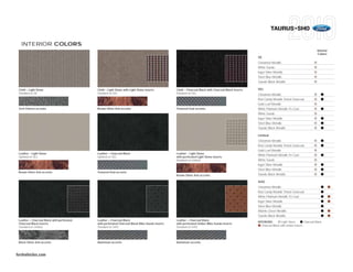 TAURUS+SHO

   INTERIOR COLORS
                                                                                                                                                                                                   Interior
                                                                                                                                                                                                   Colors
                                                                                                                                                     SE
                                                                                                                                                     Cinnamon Metallic
                                                                                                                                                     White Suede
                                                                                                                                                     Ingot Silver Metallic
                                                                                                                                                     Steel Blue Metallic
                                                                                                                                                     Tuxedo Black Metallic

 Cloth – Light Stone                        Cloth – Light Stone with Light Stone inserts        Cloth – Charcoal Black with Charcoal Black inserts   SEL
 Standard on SE                             Standard on SEL                                     Standard on SEL                                      Cinnamon Metallic
                                                                                                                                                     Red Candy Metallic Tinted Clearcoat
                                                                                                                                                     Gold Leaf Metallic
 Tech Pattern accents                       Brown Oliver Ash accents                            Textured Oval accents                                White Platinum Metallic Tri-Coat
                                                                                                                                                     White Suede
                                                                                                                                                     Ingot Silver Metallic
                                                                                                                                                     Steel Blue Metallic
                                                                                                                                                     Tuxedo Black Metallic

                                                                                                                                                     Limited
                                                                                                                                                     Cinnamon Metallic
                                                                                                                                                     Red Candy Metallic Tinted Clearcoat
                                                                                                                                                     Gold Leaf Metallic
 Leather – Light Stone                      Leather – Charcoal Black                            Leather – Light Stone
                                                                                                                                                     White Platinum Metallic Tri-Coat
 Optional on SEL                            Optional on SEL                                     with perforated Light Stone inserts
                                                                                                Standard on Limited                                  White Suede
                                                                                                                                                     Ingot Silver Metallic
                                                                                                                                                     Steel Blue Metallic
 Brown Oliver Ash accents                   Textured Oval accents
                                                                                                Brown Oliver Ash accents                             Tuxedo Black Metallic

                                                                                                                                                     SHO
                                                                                                                                                     Cinnamon Metallic
                                                                                                                                                     Red Candy Metallic Tinted Clearcoat
                                                                                                                                                     White Platinum Metallic Tri-Coat
                                                                                                                                                     Ingot Silver Metallic
                                                                                                                                                     Steel Blue Metallic
                                                                                                                                                     Atlantis Green Metallic
                                                                                                                                                     Tuxedo Black Metallic
 Leather – Charcoal Black with perforated   Leather – Charcoal Black                            Leather – Charcoal Black
                                                                                                                                                     INTERIORS:        Light Stone       Charcoal Black
 Charcoal Black inserts                     with perforated Charcoal Black Miko Suede inserts   with perforated Umber Miko Suede inserts
                                                                                                                                                       Charcoal Black with Umber inserts
 Standard on Limited                        Standard on SHO                                     Standard on SHO




 Black Oliver Ash accents                   Aluminum accents                                    Aluminum accents



fordvehicles.com
 