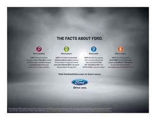 THE FACTS ABOUT FORD.


                                                         Drive quality.                                              Drive green.                                                Drive safe.                                           Drive smart.

                                                   FACT: On top of earning 8                            FACT: Ford builds the most fuel-                              FACT: No other car company                                FACT: The voice-activated
                                           Consumers Digest “Best Buy” awards                          efficient midsize sedan in America                             offers you more vehicles that                          Ford SYNC® customizable media
                                            for 2009 models, Ford Motor Company                        (Fusion Hybrid: 41 mpg city)2 and the                            have received both 2009                            system and EcoBoostTM V6 engines
                                                is unsurpassed by Toyota and                          most fuel-efficient SUV on the planet                           IIHS “Top Safety Pick” and                              are just a few of the innovative
                                              Honda when it comes to quality.1                            (Escape Hybrid: 34 mpg city).3                            NHTSA 5-Star crash test ratings.4                     technologies you can only find in a Ford.



                                                                                                               Visit fordvehicles.com to learn more.




1
    Based on RDA Group’s GQRS cumulative survey at 3 months of service in 3 surveys of 2008 MY Ford and competitive owners conducted 9/07–5/08. 2 EPA-estimated 23 mpg city/34 hwy., 27 mpg combined, Fusion S I-4 automatic;
    41 mpg city/36 hwy., Fusion Hybrid. Actual mileage will vary. Midsize class per R. L. Polk. 3Based on unadjusted city fuel economy from EPA (10/08) and VCA (5/08). 2009 EPA-estimated 34 mpg city/31 hwy. for
    Escape Hybrid FWD. Excluding vehicles built for Mazda. 4Based on NHTSA 5-Star ratings for all 4 crash test categories. Star ratings are part of the U.S. Department of Transportation’s Safercar.gov program (www.safercar.gov).
 