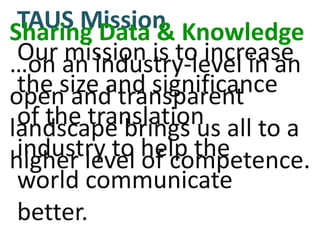 TAUS Mission Knowledge
Sharing Data &
Our an industry-level in an
mission is to increase
…on
the size and significance
ope...