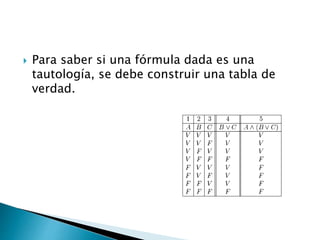  Para saber si una fórmula dada es una
tautología, se debe construir una tabla de
verdad.
 
