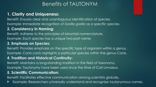 Benefits of TAUTONYM
1. Clarity and Uniqueness:
Benefit: Ensures clear and unambiguous identification of species.
Example: Immediate recognition of Gorilla gorilla as a specific species.
2. Consistency in Naming:
Benefit: Adheres to the principles of binomial nomenclature.
Example: Each species has a unique two-part name.
3. Emphasis on Species:
Benefit: Provides emphasis on the specific type of organism within a genus.
Example: Canis canis highlights a particular species within the genus Canis.
4. Tradition and Historical Continuity:
Benefit: Maintains a long-standing tradition in the field of taxonomy.
Example: Tautonymy have been used since the time of Carl Linnaeus.
5. Scientific Communication:
Benefit: Facilitates effective communication among scientists globally.
 Example: Researchers universally understand and recognize tautonymous names.
 