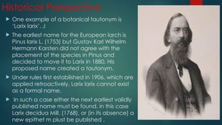 Historical Perspective
 One example of a botanical tautonym is
‘Larix larix’. J
 The earliest name for the European larch is
Pinus larix L. (1753) but Gustav Karl Wilhelm
Hermann Karsten did not agree with the
placement of the species in Pinus and
decided to move it to Larix in 1880. His
proposed name created a tautonym.
 Under rules first established in 1906, which are
applied retroactively, Larix larix cannot exist
as a formal name.
 In such a case either the next earliest validly
published name must be found, in this case
Larix decidua Mill. (1768), or (in its absence) a
new epithet m plust be published .
 