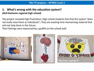 TAU YP projects – WYRED Cycle 2
1. What’s wrong with the education system?
(Hof-Hasharon regional high school)
The project revealed high frustration; High school students feel that the system “does
not really view them as individuals”; They are wasting time memorizing material that
will not help them in the future.
Their feelings were expressed by a graffiti on the school wall:
“My brain explodes!”
 