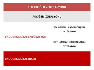 TEK AKCİĞER VENTİLASYONU
AKCİĞER İZOLASYONU
ENDOBRONŞİYAL ENTÜBASYON
TEK LÜMENLİ ENDOBRONŞİYAL
ENTÜBASYON
ÇİFT LÜMENLİ ENDOBRONŞİYAL
ENTÜBASYON
ENDOBRONŞİYAL BLOKER
 