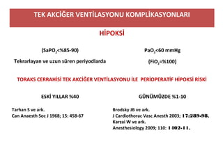 TEK AKCİĞER VENTİLASYONU KOMPLİKASYONLARI
HİPOKSİ
(SaPO2<%85-90)
Tekrarlayan ve uzun süren periyodlarda
PaO2<60 mmHg
(FiO2=%100)
TORAKS CERRAHİSİ TEK AKCİĞER VENTİLASYONU İLE PERİOPERATİF HİPOKSİ RİSKİ
ESKİ YILLAR %40
Tarhan S ve ark.
Can Anaesth Soc J 1968; 15: 458-67
GÜNÜMÜZDE %1-10
Brodsky JB ve ark.
J Cardiothorac Vasc Anesth 2003; 17:289-98.
Karzai W ve ark.
Anesthesiology 2009; 110: 1402-11.
 