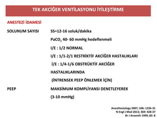 TEK AKCİĞER VENTİLASYONU İYİLEŞTİRME
ANESTEZİ İDAMESİ
SOLUNUM SAYISI SS=12-16 soluk/dakika
PaCO2 40- 60 mmHg hedeflenmeli
I/E : 1/2 NORMAL
I/E : 1/1-2/1 RESTRİKTİF AKCİĞER HASTALIKLARI
İ/E : 1/4-1/6 OBSTRÜKTİF AKCİĞER
HASTALIKLARINDA
(İNTRENSEK PEEP ÖNLEMEK İÇİN)
PEEP MAKSİMUM KOMPLİYANSI DENETLEYEREK
(3-10 mmHg)
Anesthesiology 2007; 106: 1226-31
N Engl J Med 2013; 369: 428-37
Br J Anaesth 1999; 82: 8
 