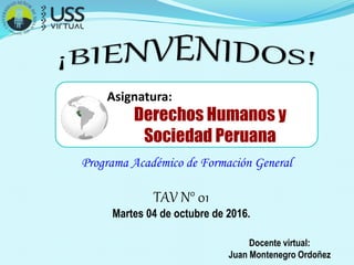Derechos Humanos y
Sociedad Peruana
Asignatura:
TAV N° 01
Martes 04 de octubre de 2016.
Programa Académico de Formación General
Docente virtual:
Juan Montenegro Ordoñez
 