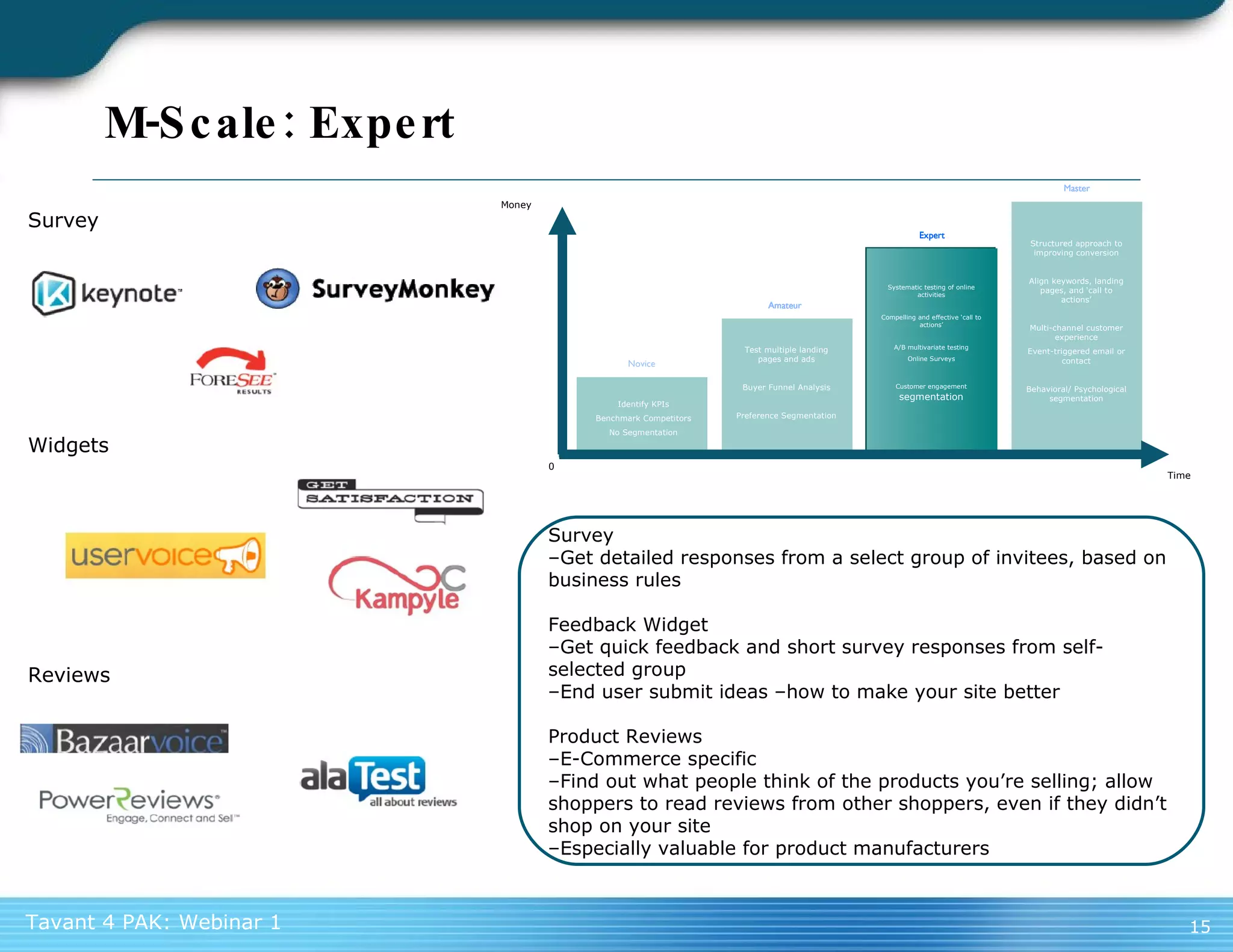 M-Scale: Expert Survey – Get detailed responses from a select group of invitees, based on business rules Feedback Widget – Get quick feedback and short survey responses from self-selected group – End user submit ideas –how to make your site better Product Reviews – E-Commerce specific – Find out what people think of the products you’re selling; allow shoppers to read reviews from other shoppers, even if they didn’t shop on your site – Especially valuable for product manufacturers Survey Widgets Reviews 0 Money Time Novice Amateur Expert Master Identify KPIs Benchmark Competitors No Segmentation Test multiple landing pages and ads Buyer Funnel Analysis Preference Segmentation Systematic testing of online activities Compelling and effective ‘call to actions’ A/B multivariate testing Online Surveys Customer engagement  segmentation Structured approach to improving conversion Align keywords, landing pages, and ‘call to actions’ Multi-channel customer experience Event-triggered email or contact Behavioral/ Psychological segmentation Amateur Expert Master Amateur Expert 