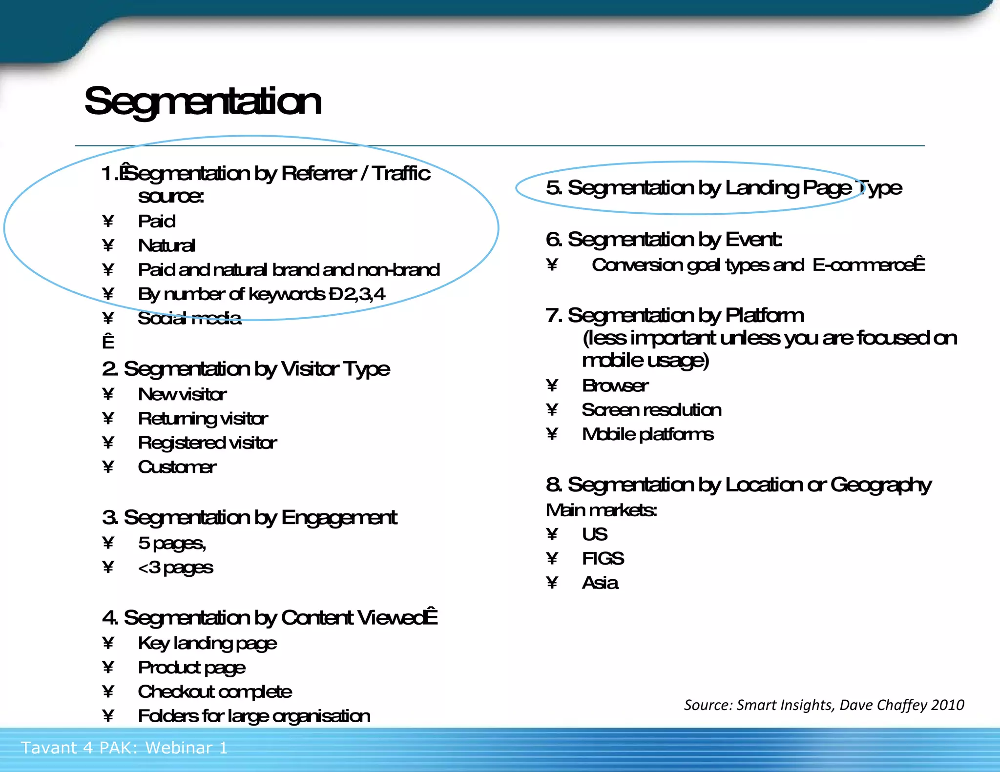 1. Segmentation by Referrer / Traffic source: Paid Natural Paid and natural brand and non-brand By number of keywords – 2,3,4 Social media   2. Segmentation by Visitor Type New visitor Returning visitor Registered visitor Customer 3. Segmentation by Engagement 5 pages, <3 pages 4. Segmentation by Content Viewed  Key landing page Product page Checkout complete Folders for large organisation Segmentation 5. Segmentation by Landing Page Type 6. Segmentation by Event: Conversion goal types and  E-commerce  7. Segmentation by Platform  (less important unless you are focused on mobile usage) Browser Screen resolution Mobile platforms 8. Segmentation by Location or Geography Main markets: US FIGS Asia Segmentation Segmentation Source: Smart Insights, Dave Chaffey 2010 