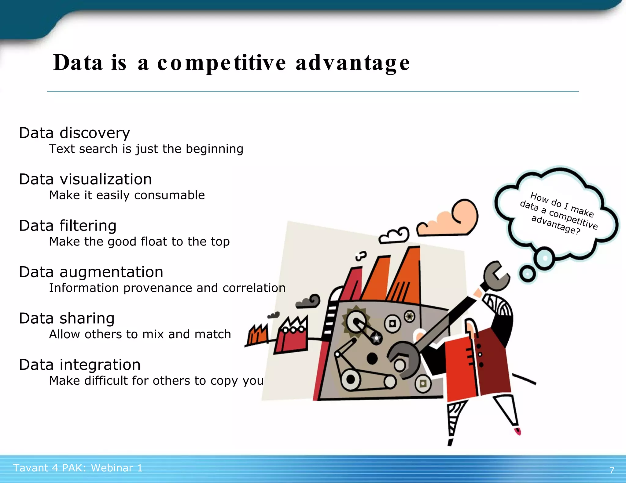 Data is a competitive advantage Data discovery Text search is just the beginning Data visualization Make it easily consumable Data filtering Make the good float to the top Data augmentation Information provenance and correlation Data sharing Allow others to mix and match Data integration Make difficult for others to copy you How do I make data a competitive advantage? 