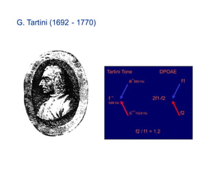 G. Tartini (1692 - - 1770)
 G. Tartini (1692 1770)




                             Tartini Tone                DPOAE
                                       a    880 Hz               f1


                             f                        2f1-f2
                             698 Hz


                                       c    1024 Hz              f2


                                            f2 / f1 = 1.2
 