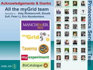 ProteomicsServicesTeam
Acknowledgements & thanks
All the myGrid team
Specially to …Katy Wolstencroft, Shoaib
Sufi, Peter Li, Eric Nzuobontane
 