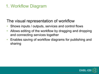 1. Workflow Diagram
The visual representation of workflow
• Shows inputs / outputs, services and control flows
• Allows editing of the workflow by dragging and dropping
and connecting services together
• Enables saving of workflow diagrams for publishing and
sharing
This is a modification of the original tutorial from Katy Wolstencroft
 