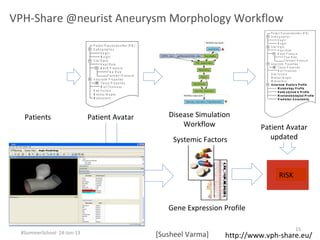 15
#SummerSchool 24-Jun-13
VPH-Share @neurist Aneurysm Morphology Workflow
P a t ie n t P s e u d o id e n t iﬁ e r (P ID )
D e m o g r a p h ic s
H e ig h t
W e ig h t
V it a l S ig n s
H e a r t R a t e
B lo o d P r e s s u r e
F lo w R a t e
T r a n s ie n t P r e s s u r e
A n e u r y s m P r o p e r t ie s
T is s u e P r o p e r t ie s
W a ll T h ic k n e s s
R is k F a c t o r s
M e d ic a l Im a g e s
M e d ic a t io n s
Patients Patient Avatar Disease Simulation
Work oﬂ w
Systemic Factors
Gene Expression Pro lﬁe
P a t ie n t P s e u d o id e n t iﬁ e r (P ID )
D e m o g r a p h ic s
H e ig h t
W e ig h t
V it a l S ig n s
H e a r t R a t e
B lo o d P r e s s u r e
F lo w R a t e
T r a n s ie n t P r e s s u r e
A n e u r y s m P r o p e r t ie s
T is s u e P r o p e r t ie s
W a ll T h ic k n e s s
R is k F a c t o r s
M e d ic a l Im a g e s
M e d ic a t io n s
A n e u ry sm R u p tu r e P ro ﬁ le
M o rp h o lo g y P r o ﬁ le
H a e m o d y n a m ic P r o ﬁ le
M e c h a n o b io lo g ic a l P r o ﬁ le
P re d ic tio n U n c e rta in ity
Patient Avatar
Updated
RISK
Patients Patient Avatar Disease Simulation
Workflow Patient Avatar
updatedSystemic Factors
Gene Expression Profile
RISK
[Susheel Varma] http://www.vph-share.eu/
 