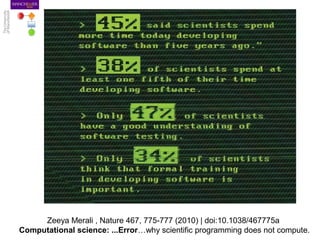 Zeeya Merali , Nature 467, 775-777 (2010) | doi:10.1038/467775a
Computational science: ...Error…why scientific programming does not compute.
 
