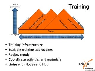 Training
• Training infrastructure
• Scalable training approaches
• Review needs
• Coordinate activities and materials
• Liaise with Nodes and Hub
 