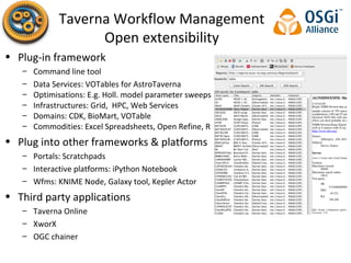 Taverna Workflow Management
Open extensibility
• Plug-in framework
– Command line tool
– Data Services: VOTables for AstroTaverna
– Optimisations: E.g. Holl. model parameter sweeps
– Infrastructures: Grid, HPC, Web Services
– Domains: CDK, BioMart, VOTable
– Commodities: Excel Spreadsheets, Open Refine, R
• Plug into other frameworks & platforms
– Portals: Scratchpads
– Interactive platforms: iPython Notebook
– Wfms: KNIME Node, Galaxy tool, Kepler Actor
• Third party applications
– Taverna Online
– XworX
– OGC chainer
 