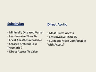 Subclavian                    Direct Aortic

• Minimally Diseased Vessel   • Most Direct Access
• Less Invasive Than TA       • Less Invasive Than TA
• Local Anesthesia Possible   • Surgeons More Comfortable
• Crosses Arch But Less       With Access?
Traumatic ?
• Direct Access To Valve
 