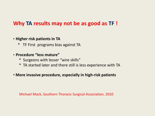 Why TA results may not be as good as TF !

• Higher risk patients in TA
  * TF First programs bias against TA

• Procedure “less mature”
   * Surgeons with lesser “wire skills”
   * TA started later and there still is less experience with TA

• More invasive procedure, especially in high-risk patients



   Michael Mack, Southern Thoracic Surgical Association, 2010
 