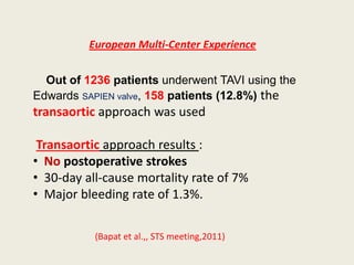 European Multi-Center Experience


  Out of 1236 patients underwent TAVI using the
Edwards SAPIEN valve, 158 patients (12.8%) the
transaortic approach was used

 Transaortic approach results :
• No postoperative strokes
• 30-day all-cause mortality rate of 7%
• Major bleeding rate of 1.3%.

           (Bapat et al.,, STS meeting,2011)
 