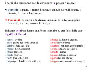 4
I nomi che terminano con la desinenza -e possono essere:
 Maschili: il padre, il fiume, il mese, il cane, il cuore, il limone, il
timone, il mare, il balcone, ecc…
 Femminili: la canzone, la chiave, la madre, la notte, la stagione,
la mente, la carne, la nave, la neve, ecc…
il banco (tavolo)
il busto (parte del corpo umano)
il gambo (stelo del fiore)
il manico (impugnatura)
il modo (maniera)
il pianto (lacrime)
il porto (per le barche)
il tappo (per chiudere una bottiglia)
la banca (istituto di credito)
la busta (involucro)
la gamba (parte del corpo umano)
la manica (parte del vestito)
la moda (usanza)
la pianta (albero o mappa)
la porta (di una stanza)
la tappa (sosta durante un viaggio)
Esistono nomi che hanno una forma maschile ed una femminile con
significati diversi:
 
