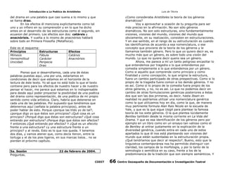 Introducción a La Poética de Aristóteles

Luis de TAvira

del drama en una palabra que casi suena a lo mismo y que
se llama drao.
En los efectos él menciona explicitamente como tal
uno y yo infiero en su comprensiòn y en lo que ha dicho
antes en el desarrollo de las estructuras como el segundo, sin
ecuanon del primero. Los efectos son dos: catársis y
anacnórisis. Y vuelta a lo mismo de anacnórisis hablará
sobre todo en Prímera Filosofía (Metafísica).

¿Como consideraba Aristóteles la teoría de los géneros
dramáticos?
Voy a aprovechar a ocasión de tu pregunta para ser
más preciso en la afirmación. No son sólo géneros
dramáticos. No son solo estructuras, sino fundamentalmente
visiones, visiones del mundo, visiones del mundo que
obviamente, en su realización, consisten en estructuraciones.
Y en ese sentido, en el rango de su estructuración es cuando
las identificamos de acuerdo a esa nomenclatura, o ese
concepto que proviene de la teoría de los géneros y le
llamamos también género. Pero lo que yo quiero decir es, es
mucho más que un género, es sobre todo una visión del
mundo. Lo que no quiere decir queno sea un género.
Ahora, me parece a mí un tanto peligroso encasillar lo
que entendemos por tragedia o lo que entendemos por
comedia simplemente a lo que entendemos por un género.
Como si aquello que comprende como principio y como
finalidad y como concepción, lo que origina la estructura,
fuera un cambio participado de otras prespectivas. Como si lo
propio de la tragedia fuera común a los demás géneros. Y no
es así. Como sí lo propio de la comedia fuera propio de los
otros géneros, y no, no es así. Lo que no podemos decir en
cambio de otras formulaciones genéricas posteriores a èstas
dos que son las dos primeras, es decir, hasta Ibsen en
realidad no podríamos utilizar una nomenclatura genérica
como la que utilizamos hoy en día, como la que, de manera
muy pertinente formula Alan Rais Nicole en la escuela de
Yale, y que es la que sigue Usigli para plantear la famosa
teoría de los siete géneros. O la que plantea lúcidamente
Bentley también desde la misma corriente en La Vida del
Drama. Y que es esa identificación de los géneros pero por
ejemplo en un libro como en un ensayo tan valioso como el
de Bentley al entrar justamente en la explicación de la
diversidad genérica, cuando entra en cada uno de estos
apartados lo que él nos está planteando son visiones del
mundo que están sustentadas en la estructuración propia.
¿Qué tendríamos que decir al respecto?. Bueno, esto que la
linguistica contemporánea nos ha permitido distinguir con
claridad, los campos de la morfología, y por lo tanto de la
semiología o semiótica en su caso, frente a los de la
predominancia de la tradición que son siempre semánticos. Y

Este es el esquema:
Principios
Estructuras
Mímesis
Fábula
Verosimilitud
Carácter
Unicidad.
Peripecia
Drao

Efectos
Catársis
Anacnórisis

Pienso que si desarrollamos, cada una de éstas
palabras puestas aquí, una por una, estaríamos en
condiciones de decir que estamos en el horizonte de la
lectura de éste texto. Yo sé que no está todo lo que el texto
contiene pero para los efectos de nuestro hacer y de nuestro
pensar el hacer, me parece que estamos en lo indispensable
para desde aquí poder proyectar la posibilidad de una poética
del drama como representación, de una poética de mi propio
sentido como vida artística. Claro, habría que detenerse en
cada una de las palabras. Por supuesto que tendremos que
detenernos aquí (señala la palabra principios), antes de
poder hablar de esto. Porque ¿porque las tildo yo de tal?,
¿porque digo yo que éstos son principios? ¿Qué cosa es un
principio? ¿Porqué digo que éstas son estructuras? ¿Qué cosa
entiendo por estructura? ¿Porque digo que éstos son efectos?
Y entonces ¿Qué entiendo por efectos? Y ¿Qué es un efecvto
frente a una estructura? ¿y una estructura frente a un
principio? y al revés. Esto es lo que nos queda. Y tenemos
dos días, y vamos atener que, como decía Xenon, entre la
tortuga y el de los pies ligeros, en sus marcas listos… no se
pierdan el próximo capítulo.
5a. Sesión
Preguntas.

22 de febrero de 2004.

CODIT

66

Centro Oaxaqueño de Documentación e Investigación Teatral

 