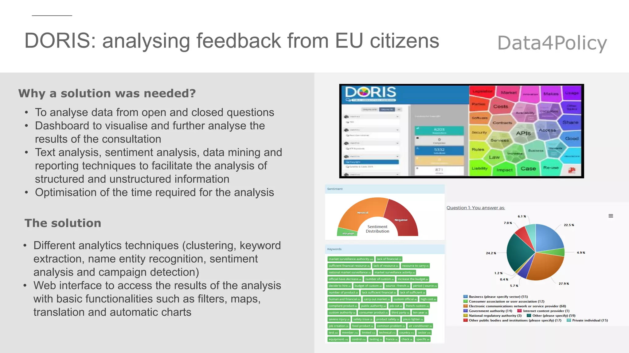 DORIS: analysing feedback from EU citizens
10
Why a solution was needed?
The solution
• To analyse data from open and closed questions
• Dashboard to visualise and further analyse the
results of the consultation
• Text analysis, sentiment analysis, data mining and
reporting techniques to facilitate the analysis of
structured and unstructured information
• Optimisation of the time required for the analysis
• Different analytics techniques (clustering, keyword
extraction, name entity recognition, sentiment
analysis and campaign detection)
• Web interface to access the results of the analysis
with basic functionalities such as filters, maps,
translation and automatic charts
Data4Policy
 
