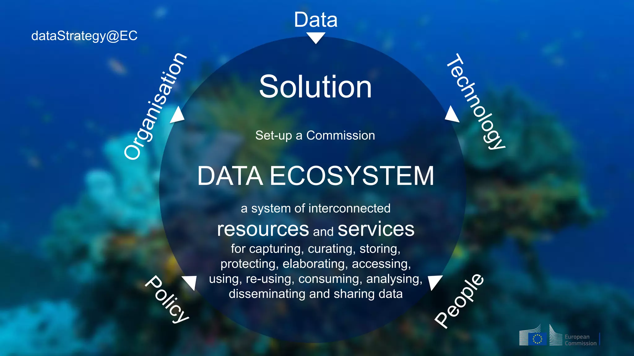 DATA ECOSYSTEM
a system of interconnected
resources and services
for capturing, curating, storing,
protecting, elaborating, accessing,
using, re-using, consuming, analysing,
disseminating and sharing data
Set-up a Commission
dataStrategy@EC
Solution
Data
 