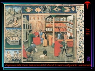 Pagina miniata di una traduzione del Codice di Avicenna raffigurante una farmacia
fine
XIV
Sec.
 