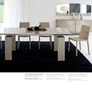 Tavolo allungabile_Art. 8000 60 V160G               Extendible table_Art. 8000 60 V160G               Ausziehbarer Tisch_Art. 8000 60 V160G
Basi in legno laccato champagne opaco; binario in   Matt champagner lacquered wooden bases;           Unterteile aus Holz, matt champagnerfarbig lackiert;
alluminio anodizzato; piano in vetro extra white    anodized aluminium guide bar; champagne painted   Schiene aus eloxiertem Aluminium; Platte aus
temperato verniciato champagne                      extra white tempered glass top                    gehärtetem Glas, extra white, champagnerfarbig
                                                                                                      lackiert
Sedia Estrella_Art. 7279 P61                        Estrella chair_Art. 7279 P61
Struttura in metallo rivestita in pelle champagne   Metal structure, covered with champagne leather   Estrella Stuhl_Art. 7279 P61
                                                                                                      Rahmen aus Metall, mit champagnerfarbigem Leder
                                                                                                      bezogen
 