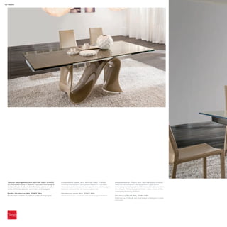 12 Wave




  Tavolo allungabile_Art. 8014B 560 V160G                    Extendible table_Art. 8014B 560 V160G                Ausziehbarer Tisch_Art. 8014B 560 V160G
  Struttura stampata in Baydur® laccata champagne            Shining champagne lacquered Baydur®-moulded          Rahmen aus Baydur®-Spritzgußform, glänzend
  lucido; binario in alluminio brillantato; piano in vetro   structure; polished aluminium guide bar; champagne   champagnerfarbig lackiert; Schiene aus glänzendem
  extra white temperato verniciato champagne                 painted extra-white tempered glass top               Aluminium; Platte aus gehärtetem Glas, extra-white,
                                                                                                                  champagnerfarbig lackiert
  Sedia Giudecca_Art. 7267 P61                               Giudecca chair_Art. 7267 P61
  Struttura in metallo rivestita in pelle champagne          Metal structure, covered with champagne leather      Giudecca Stuhl_Art. 7267 P61
                                                                                                                  Rahmen aus Metall, mit champagnerfarbigem Leder
                                                                                                                  bezogen
 