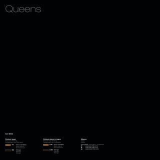 Queens




Art. 8054



Finiture base                  Finiture piano in legno         Misure
Structure finishing            Wooden top finishing            Sizes
Fertigungen des Rahmens        Fertigungen der Holzplatte      Maße
        14    Noce Canaletto            L14   Noce canaletto   Allungabile_Extendible_ Ausziehbar
              Black walnut                    Black walnut     P     L160/240 P90 H75
              Schwarznuss                     Schwarznuss      A     L180/260 P90 H75
                                                               G     L200/300 P100 H75
        50    Wengè                     L50 Wengè
              Wengè                         Wengè
              Wengè                         Wengè
 