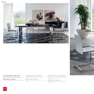 126 Brera




   Tavolo allungabile_Art. 8004 72 V2G                      Extendible table_Art. 8004 72 V2G                   Ausziehbarer Tisch_Art. 8004 72 V2G
   Basi in metallo cromato; binario in alluminio            Chromed metal wooden bases; anodized aluminium      Unterteile aus verchromtem Metall; Schiene aus
   anodizzato; piano in vetro temperato verniciato nero     guide bar; black painted tempered glass top         eloxiertem Aluminium; Platte aus gehärtetem Glas,
                                                                                                                schwarz lackiert
   Sedia Ginza_Art. 7275 K01                                Ginza chair_Art. 7275 K01
   Struttura in metallo cromato rivestita in cuoio bianco   Chromed metal structure, covered with white thick   Ginza Stuhl_Art. 7275 K01
                                                            leather                                             Rahmen aus verchromtem Metall, mit weißem
                                                                                                                Dickleder bezogen
 