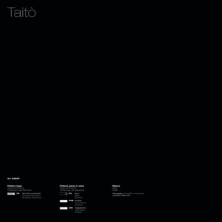 Taitò




Art. 8060P



Finiture base                        Finiture piano in vetro      Misure
Structure finishing                  Glass top finishing          Sizes
Fertigungen des Rahmens              Fertigungen der Glasplatte   Maße
        32    Alluminio anodizzato            V2    Nero          Allungabile_Extendible_ Ausziehbar
              Anodized aluminium                    Black         L160/240 P90 H75
              Eloxiertes-Aluminium                  Schwarz
                                              V62 Acidato
                                                  Acid-etched
                                                  Gehärtet
                                              V81   Trasparente
                                                    Clear glass
                                                    Klarglas
 