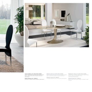 Tavolo ellittico_Art. 8010 560 V160EL                    Elliptical table_Art. 8010 560 V160EL                 Elliptischer Tisch_Art. 8010 560 V160EL
Base in agglomerato verniciata champagne lucido;         Base in shining champagne lacquered agglomerated      Unterteil aus Pressspan, glänzend champagnerfarbig
piano in vetro extra white temperato verniciato          chips, champagne painted tempered glass top           lackiert; Platte aus gehärtetem Glas,
champagne                                                                                                      champagnerfarbig lackiert
                                                         Vivienne chair_Art. 7258 P1
Sedia Vivienne_Art. 7258 P1                              Chromed metal structure, covered with white leather   Vivienne Stuhl_Art. 7258 P1
Struttura in metallo cromato rivestita in pelle bianca                                                         Rahmen aus verchromtem Metall, mit weißem Leder
                                                                                                               bezogen
 