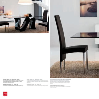 16 Wave




  Tavolo fisso_Art. 8014 502 V2FG                        Fixed table_Art. 8014 502 V2FG                        Unverstellbarer Tisch_Art. 8014 502 V2FG
  Struttura stampata in Baydur® laccata nero lucido;     Shining black lacquered Baydur®-moulded structure;    Rahmen aus Baydur®-Spritzgußform, glänzend
  distanziali in alluminio brillantato; piano in vetro   polished aluminium spacers; black painted tempered    schwarz lackiert; Distanzstücke aus glänzendem
  temperato verniciato nero                              glass top                                             Aluminium, Platte aus gehärtetem Glas, schwarz
                                                                                                               lackiert
  Sedia Charonne_Art. 7265 P2                            Charonne chair_Art. 7265 P2
  Struttura in metallo cromato rivestita in pelle nera   Chromed metal structure, covered with black leather   Charonne Stuhl_Art. 7265 P2
                                                                                                               Rahmen aus verchromtem Metall, mit schwarzem
                                                                                                               Leder bezogen
 