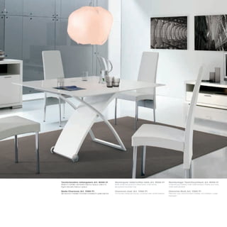 Tavolo/tavolino rettangolare_Art. 8056 01                Rectangular table/coffee table_Art. 8056 01           Rechteckiger Tisch/Couchtisch_Art. 8056 01
Base in metallo verniciato bianco opaco; piano in        Matt white lacquered metal base; matt white           Unterteil aus Metall, matt weiß lackiert; Platte aus Holz,
legno laccato bianco opaco                               lacquered wooden top                                  matt weiß lackiert

Sedia Charonne_Art. 7265 P1                              Charonne chair_Art. 7265 P1                           Charonne Stuhl_Art. 7265 P1
Struttura in metallo cromato rivestita in pelle bianca   Chromed metal structure, covered with white leather   Rahmen aus verchromtem Metall, mit weißem Leder
                                                                                                               bezogen
 