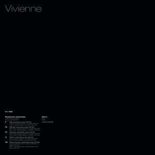 Vivienne




Art. 7258



Rivestimento (sfoderabile)                               Misure
Covering (removable)                                     Sizes
Bezug (ausziehbarer)                                     Maße
P    Pelle: campionario a pag. 306/309                   L45 P52 H48/108
     Leather: sample collection on pages 306/309
     Leder: Musterkollektion auf Seiten 306/309
PE   Pelle elite: campionario a pag. 306/309
     Elite leather: sample collection on pages 306/309
     Elite Leder: Musterkollektion auf Seiten 306/309
PZ   Pelle extra: campionario a pag. 306/309
     Extra leather: sample collection on pages 306/309
     Extra Leder: Musterkollektion auf Seiten 306/309
TL   Tessuto: campionario a pag. 306/309
     Fabric: sample collection on pages 306/309
     Stoff: Musterkollektion auf Seiten 306/309
TM   Tessuto damasco: campionario a pag. 306/309
     Damask patterned fabric: sample collection on
     pages 306/309
     Stoff mit Damastmuster: Musterkollektion auf
     Seiten 306/309
 