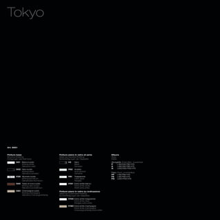 Tokyo




Art. 6951



Finiture base                           Finiture piano in vetro di serie            Misure
Structure finishing                     Glass top standard finishing                Sizes
Fertigungen des Rahmens                 Serienfertigungen der Glasplatte            Maße
        501   Bianco lucido                     V2    Nero                          Allungabile_Extendible_ Ausziehbar
              Shining white                           Black                         P     L160/240 P90 H75
              Glänzend weiß                           Schwarz                       A     L180/260 P90 H75
                                                                                    G     L200/300 P100 H75
        502 Nero lucido                         V62   Acidato
            Shining black                             Acid-etched
                                                                                    Fisso_Fixed_Unverstellbar
            Glänzend schwarz                          Gehärtet
                                                                                    FP    L160 P90 H75
        532 Alluminio lucido                    V81   Trasparente                   FA    L180 P90 H75
            Shining aluminium                         Clear glass                   FG    L200 P100 H75
            Glänzendes Aluminium                      Klarglas
        555 Testa di moro lucido                V101 Extra white bianco
            Shining dark brown                       Extra white white
            Glänzend dunkelbraun                     Weiß extra white
        560 Champagne lucido            Finiture piano in vetro su ordinazione
            Shining champagne           Glass top customized finishing
            Glänzend champagnerfarbig   Sonderfertigungen der Glasplatte
                                                V100 Extra white trasparente
                                                     Extra white clear
                                                     Klarglas extra white
                                                V160 Extra white champagne
                                                     Extra white champagne
                                                     Champagnerfarbig extra white
 