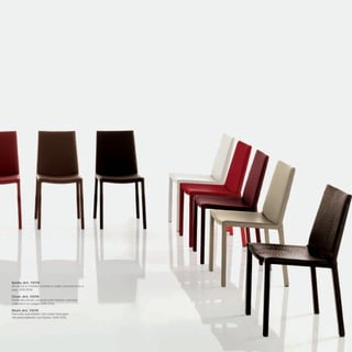 Sedia_Art. 7279
Struttura in metallo rivestita in pelle (campionario a
pag. 306/309)

Chair_Art. 7279
Metal structure, covered with leather (sample
collection on pages 306/309)

Stuhl_Art. 7279
Rahmen aus Metall, mit Leder bezogen
(Musterkollektion auf Seiten 306/309)
 