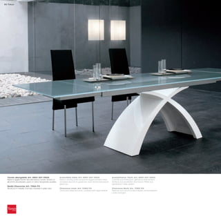 30 Tokyo




  Tavolo allungabile_Art. 6951 501 V62A                    Extendible table_Art. 6951 501 V62A                   Ausziehbarer Tisch_Art. 6951 501 V62A
  Base in agglomerato laccata bianco lucido; binario in    Base in shining white lacquered agglomerated chips;   Unterteil aus Pressspan, glänzend weiß lackiert;
  alluminio anodizzato; piano in vetro temperato acidato   anodized aluminium guide bar; acid-etched tempered    Schiene aus eloxiertem Aluminium; Platte aus
                                                           glass top                                             gehärtetem Glas, geätzt
  Sedia Charonne_Art. 7265 P2
  Struttura in metallo cromato rivestita in pelle nera     Charonne chair_Art. 7265 P2                           Charonne Stuhl_Art. 7265 P2
                                                           Chromed metal structure, covered with black leather   Rahmen aus verchromtem Metall, mit schwarzem
                                                                                                                 Leder bezogen
 