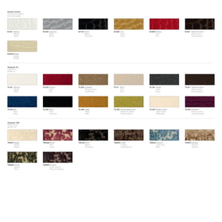 Cuoio extra
Extra thick leather
Extra Dickleder




K101 Bianco           K156 Argento          K173 Nero          K185 Oro                K189 Rosso          K191 Testa di moro
     White                 Silver                Black              Gold                    Red                 Dark brown
     Weiß                  Silber                Schwarz            Gold                    Rot                 Dunkelbraun




K202 Beige
     Beige
     Beige




Tessuti TL
Fabrics TL
Stoffe TL




TL01 Bianco           TL03 Rosso            TL05 Canapa        TL11 Ecrù               TL19 Grigio         TL21 Testa di moro
     White                 Red                   Hemp colour        Écru                    Gray                Dark brown
     Weiß                  Rot                   Hanffarbig         Ecru                    Grau                Dunkelbraun




TL24 Blu              TL26 Nero             TL28 Giallo        TL29 Verde pistacchio   TL33 Beige chiaro   TL34 Vinaccia
     Blue                  Nero                  Giallo             Pistachio green         Light beige         Grape colour
     Blau                  Schwarz               Gelb               Pistaziengrün           Hellbeige           Traubenfarbig




Tessuti TM
Fabrics TM
Stoffe TM




TM27 Beige            TM36 Rosa             TM40 Nero          TM50 Caffè              TM54 Azzurro        TM57 Sahara
     Beige                 Pink                  Black              Coffee                  Light blue          Sahara
     Beige                 Rosa                  Schwarz            Kaffeebraun             Blau                Sahara




TM60 Verde            TM62 Prugna
     Green                 Plum-colour
     Grün                  Pflaumenfarbig
 