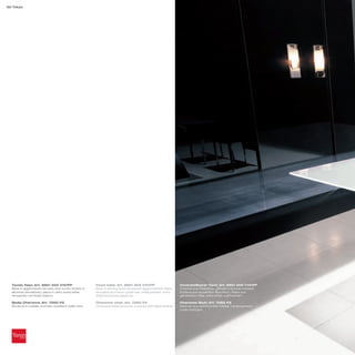 32 Tokyo




  Tavolo fisso_Art. 6951 502 V101FP                      Fixed table_Art. 6951 502 V101FP                      Unverstellbarer Tisch_Art. 6951 502 V101FP
  Base in agglomerato laccata nero lucido; binario in    Base in shining black lacquered agglomerated chips;   Unterteil aus Pressspan, glänzend schwarz lackiert;
  alluminio anodizzato; piano in vetro extra white       anodized aluminium guide bar; white painted extra     Schiene aus eloxiertem Aluminium; Platte aus
  temperato verniciato bianco                            white tempered glass top                              gehärtetem Glas, extra white, weiß lackiert

  Sedia Charonne_Art. 7265 P2                            Charonne chair_Art. 7265 P2                           Charonne Stuhl_Art. 7265 P2
  Struttura in metallo cromato rivestita in pelle nera   Chromed metal structure, covered with black leather   Rahmen aus verchromtem Metall, mit schwarzem
                                                                                                               Leder bezogen
 