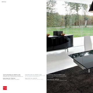 38 Arcos




  Tavolo allungabile_Art. 8050N 71 V2A                   Extendible table_Art. 8050N 71 V2A                  Ausziehbarer Tisch_Art. 8050N 71 V2A
  Base in alluminio brillantato; binario in alluminio    Polished aluminium base; anodized aluminium guide   Unterteil aus glänzendem Aluminium; Schiene aus
  anodizzato; piano in vetro temperato verniciato nero   bar; black painted tempered glass top               eloxiertem Aluminium; Platte aus gehärtetem Glas,
                                                                                                             schwarz lackiert
  Sedia Rejas_Art. 7252 K01                              Rejas chair_Art. 7252 K01
  Struttura in metallo rivestita in cuoio bianco         Metal structure, covered with white thick leather   Rejas Stuhl_Art. 7252 K01
                                                                                                             Rahmen aus Metall, mit weißem Dickleder bezogen
 