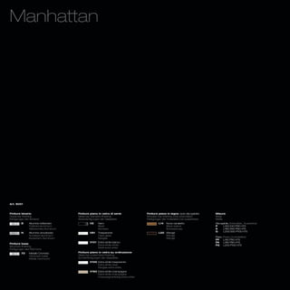 Manhattan




Art. 8051



Finiture binario                       Finiture piano in vetro di serie            Finiture piano in legno (solo allungabile)    Misure
Guide bar finishing                    Glass top standard finishing                Wooden top finishing (only extendible)        Sizes
Fertigungen der Schiene                Serienfertigungen der Glasplatte            Fertigungen der Holzplatte (nur ausziehbar)   Maße
         B     Alluminio brillantato           V2    Nero                                   L14   Noce canaletto                 Allungabile_Extendible_ Ausziehbar
               Polished aluminium                    Black                                        Black walnut                   P     L160/240 P90 H75
               Glänzendes Aluminium                  Schwarz                                      Schwarznuss                    A     L180/260 P90 H75
                                                                                                                                 G     L200/300 P100 H75
         N     Alluminio anodizzato            V81   Trasparente                            L50 Wengè
               Anodized aluminium                    Clear glass                                Wengè
                                                                                                                                 Fisso_Fixed_Unverstellbar
               Eloxiertem Aluminium                  Klarglas                                   Wengè
                                                                                                                                 FP    L160 P90 H75
                                               V101 Extra white bianco                                                           FA    L180 P90 H75
Finiture base
                                                    Extra white white                                                            FG    L200 P100 H75
Structure finishing
                                                    Weiß extra white
Fertigungen des Rahmens
         72    Metallo Cromato         Finiture piano in vetro su ordinazione
               Chromed metal           Glass top customized finishing
               Metall, verchromt       Sonderfertigungen der Glasplatte
                                               V100 Extra white trasparente
                                                    Extra white clear
                                                    Klarglas extra white
                                               V160 Extra white champagne
                                                    Extra white champagne
                                                    Champagnerfarbig extra white
 