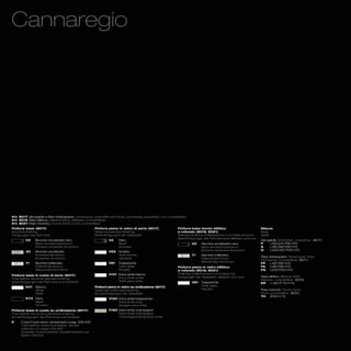 Cannaregio




Art. 8017 (allungabile e fisso rettangolare)_(rectangular, extendible and fixed)_(rechteckig, ausziehbar und unverstellbar)
Art. 8019 (fisso ellittico)_(elliptical fixed)_(elliptisch, unverstellbar)
Art. 8021 (fisso rotondo)_(round, fixed)_(rund, unverstellbar)
Finiture base (8017)                                      Finiture piano in vetro di serie (8017)                    Finiture base tavolo ellittico                               Misure
Structure finishing                                       Glass top standard finishing                               e rotondo (8019, 8021)                                       Sizes
Fertigungen des Rahmens                                   Serienfertigungen der Glasplatte                           Standard finishing of elliptical and round table structure   Maße
                                                                                                                     Serienfertigungen des Tischrahmens, elliptisch und rund
         02     Alluminio anodizzato nero                           V2     Nero                                                                                                   Allungabile_Extendible_ Ausziehbar (8017)
                Black anodized aluminium                                   Black                                               02     Alluminio anodizzato nero                   P     L160/240 P90 H75
                Schwarz-eloxiertes Aluminium                               Schwarz                                                    Black anodized aluminium                    A     L180/260 P90 H75
                                                                                                                                      Schwarz-eloxiertes Aluminium                G     L200/300 P100 H75
         32     Alluminio anodizzato                                V62    Acidato
                Anodized aluminium                                         Acid-etched                                         71     Alluminio brillantato
                                                                                                                                                                                  Fisso rettangolare_Rectangular, fixed
                Eloxiertes-Aluminium                                       Gehärtet                                                   Polished aluminium
                                                                                                                                                                                  Rechteckig, unverstellbar (8017)
         71     Alluminio brillantato                               V81    Trasparente                                                Glänzendes Aluminium
                                                                                                                                                                                  FP     L160 P90 H75
                Polished aluminium                                         Clear glass                               Finiture piano in vetro ellittico                            FA     L180 P90 H75
                Glänzendes Aluminium                                       Klarglas                                  e rotondo (8019, 8021)                                       FG     L200 P100 H75
                                                                    V101 Extra white bianco                          Finishing of elliptical and round glass top
Finiture base in cuoio di serie (8017)                                                                                                                                            Fisso ellittico_Elliptical, fixed
                                                                         Extra white white                           Fertigungen der Glasplatte, elliptisch und rund
Thick leather structure standard finishing                                                                                                                                        Elliptisch, unverstellbar (8019)
Serienfertigungen des Rahmens aus Dickleder                              Weiß extra white                                      V81    Trasparente                                 ER      L 220 P 110 H 75
         K01    Bianco                                    Finiture piano in vetro su ordinazione (8017)                               Clear glass
                White                                     Glass top customized finishing                                              Klarglas                                    Fisso rotondo_Round, fixed
                Weiß                                      Sonderfertigungen der Glasplatte                                                                                        Rund, unverstellbar (8021)
                                                                                                                                                                                  TH     Ø140 H 75
         K73 Nero                                                   V100 Extra white trasparente
             Black                                                       Extra white clear
             Schwarz                                                     Klarglas extra white
Finiture base in cuoio su ordinazione (8017)                        V160 Extra white champagne
Thick leather structure customized finishing                             Extra white champagne
Sonderfertigungen des Rahmens aus Dickleder                              Champagnerfarbig extra white
K     Cuoio/Cuoio extra: campionario a pag. 306/309
      Thick leather/ Extra thick leather: sample
      collection on pages 306/309
      Dickleder/ Extra Dickleder: Musterkollektion auf
      Seiten 306/309
 